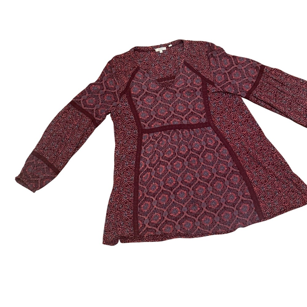 Fat Face boho tunic mixed media patchwork lace maroon burgundy ditsy blouse 14